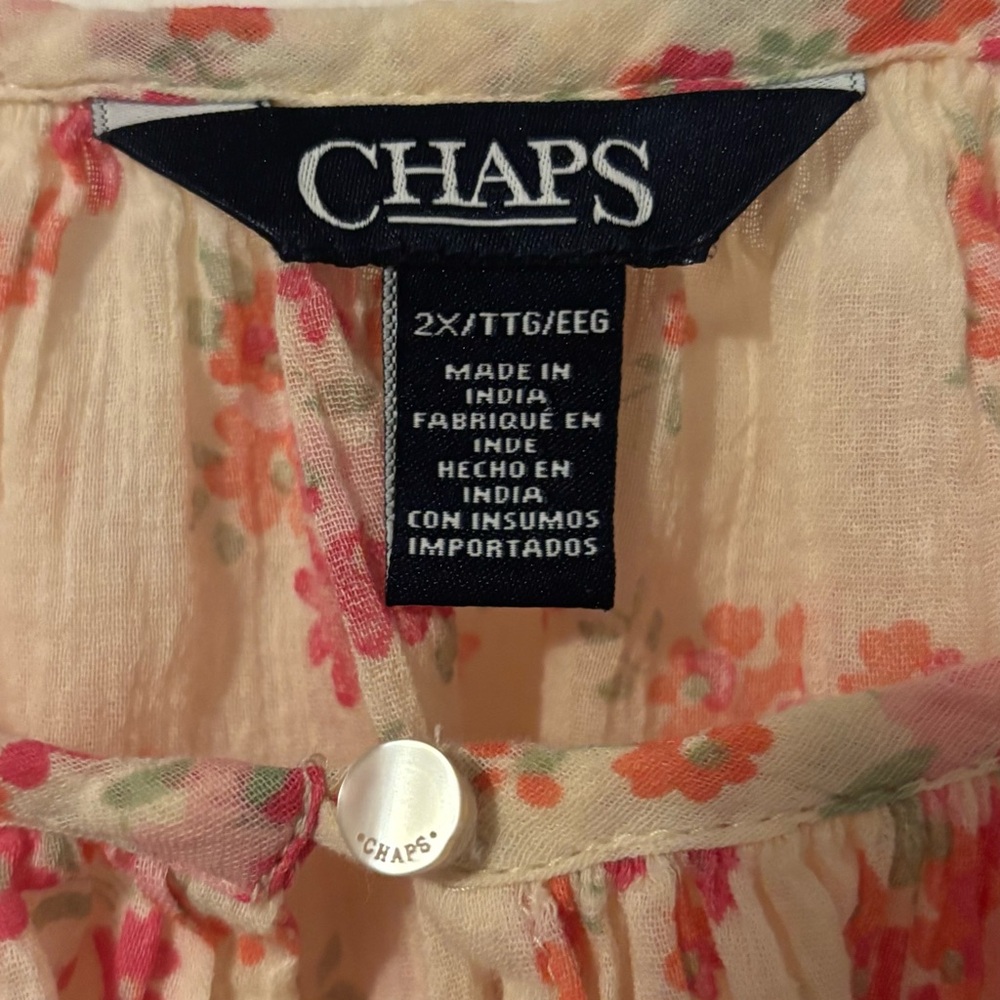 Chaps Women's 2X Crepe Peasant Blouse 3/4 Bell Sleeves Cream Pink Floral - Picture 4 of 10